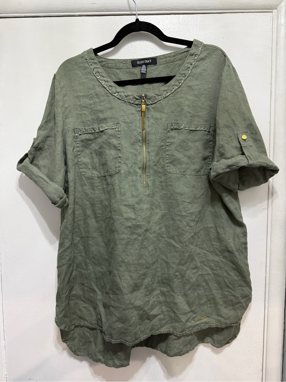 Ellen Tracy Olive Green Linen Zip-Front Short Sleeve Shirt